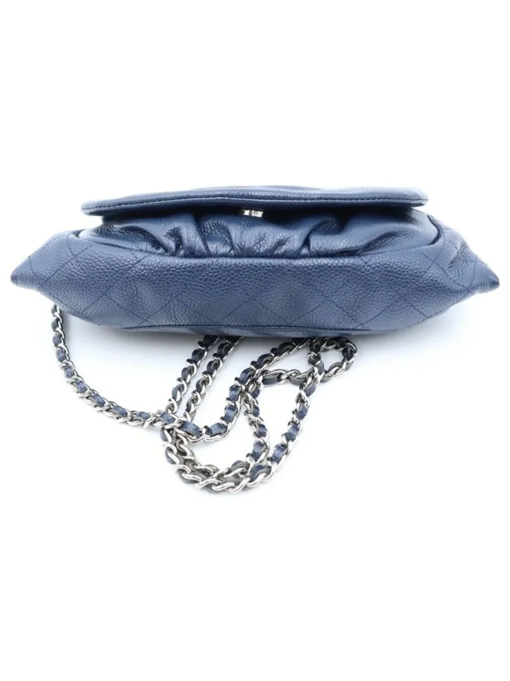 Chanel Half Moon Chain Mini Shoulder Bag Navy Caviar Leather Silver